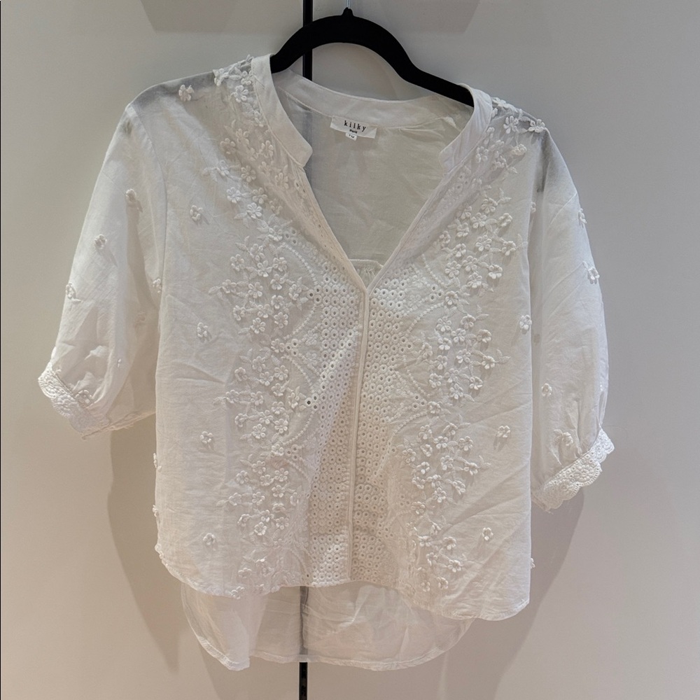 French Embroidered White V-Neck Women's Blouse
